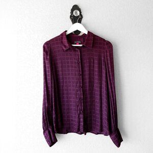 Vince Camuto Plum Grid Button-Up Blouse Size M – Long Sleeve Sheer Dress Shirt